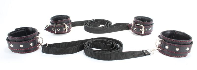 Фиксация на кровать "BDSM-Арсенал" черные наручники и оковы, кожа 